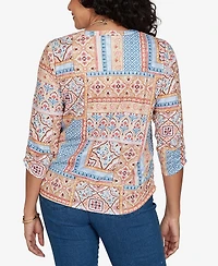 Alfred Dunner Women's Floral 3/4-Sleeve Split-Neck Knit Top