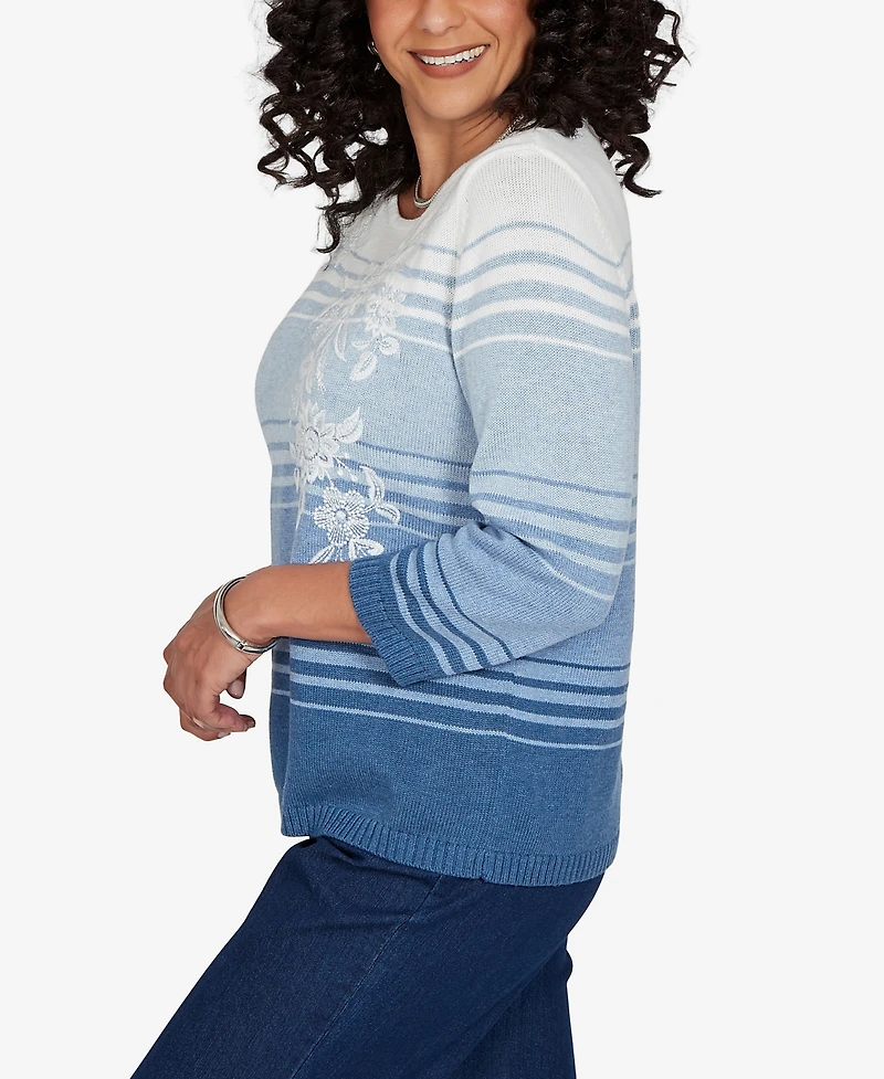 Alfred Dunner Women's 3/4-Sleeve Stripe Crewneck Pullover