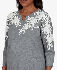 Alfred Dunner Women's Floral Embroidery Keyhole 3/4-Sleeve Sweater
