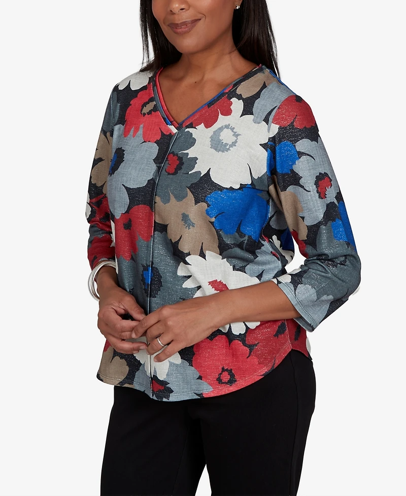 Alfred Dunner Women's Floral V-Neck 3/4-Sleeve Blouse