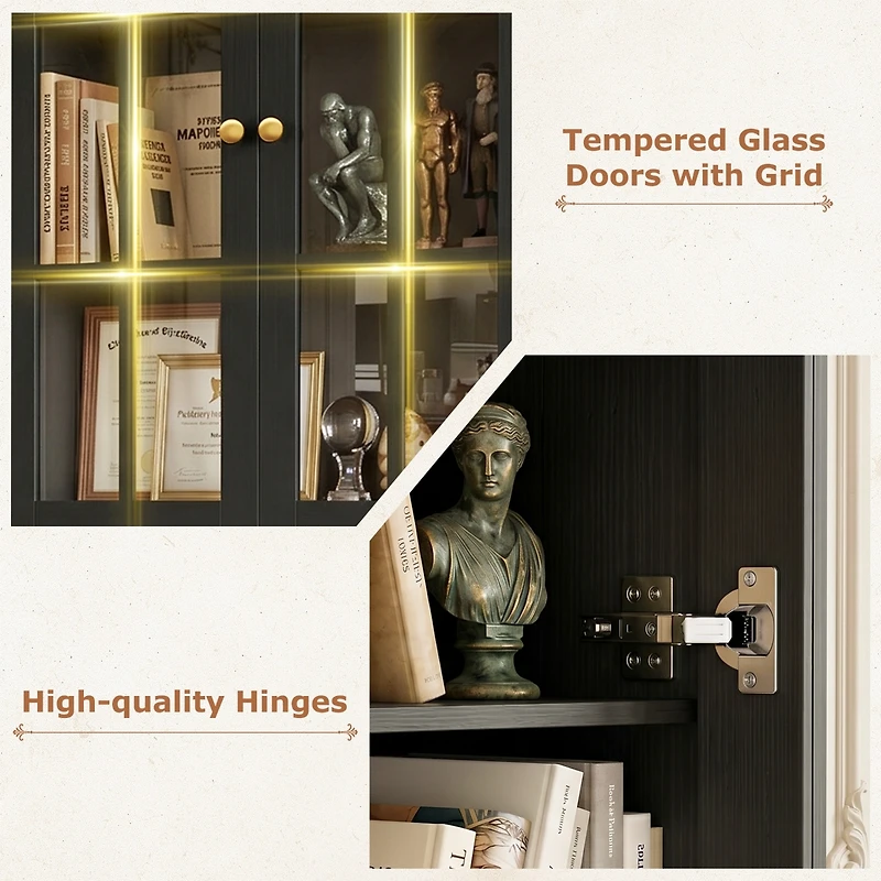 Aheaplus 80" Wood Bookcase with Glass Doors and Drawers for Living Room