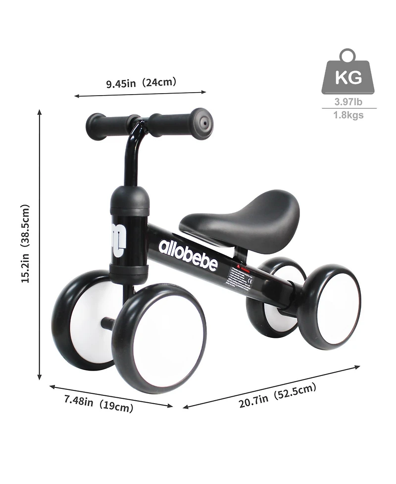 Allobebe Baby Balance Bike 4-Wheel Ride-On with Adjustable Seat & Silent Wheels, Ages 12-30 Months
