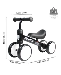 Allobebe Baby Balance Bike 4-Wheel Ride-On with Adjustable Seat & Silent Wheels, Ages 12-30 Months