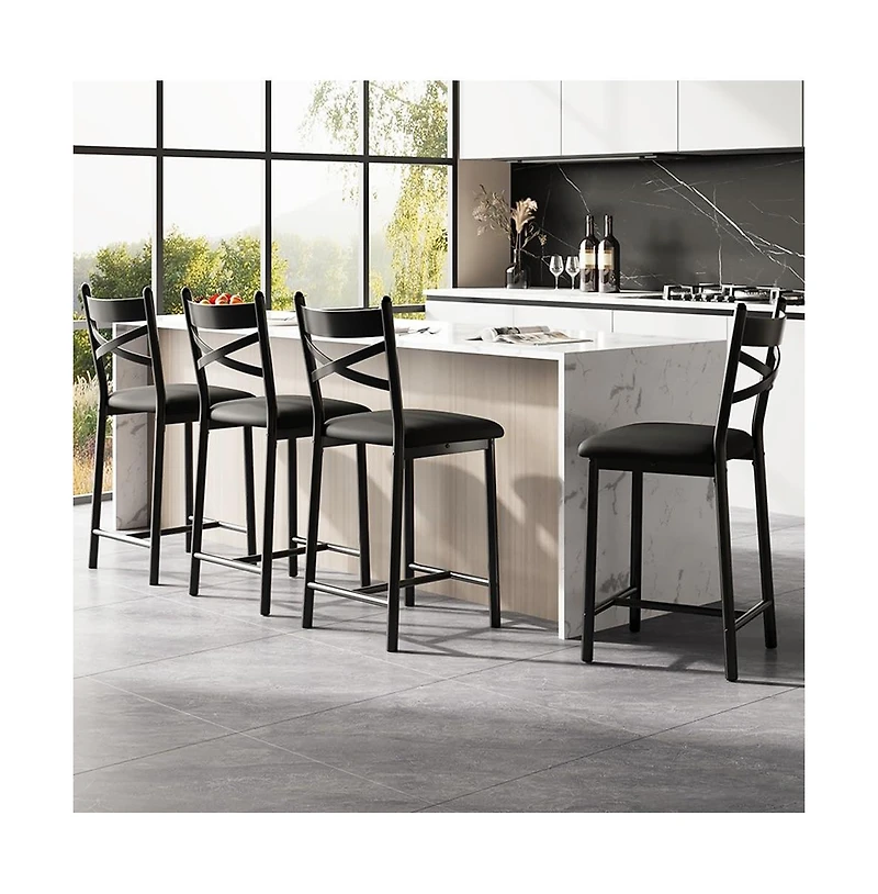 gaomon Bar Stools Set of 4, Counter Height Bar Stools with Pu Upholstered Seat, Metal Frame X-Design Back