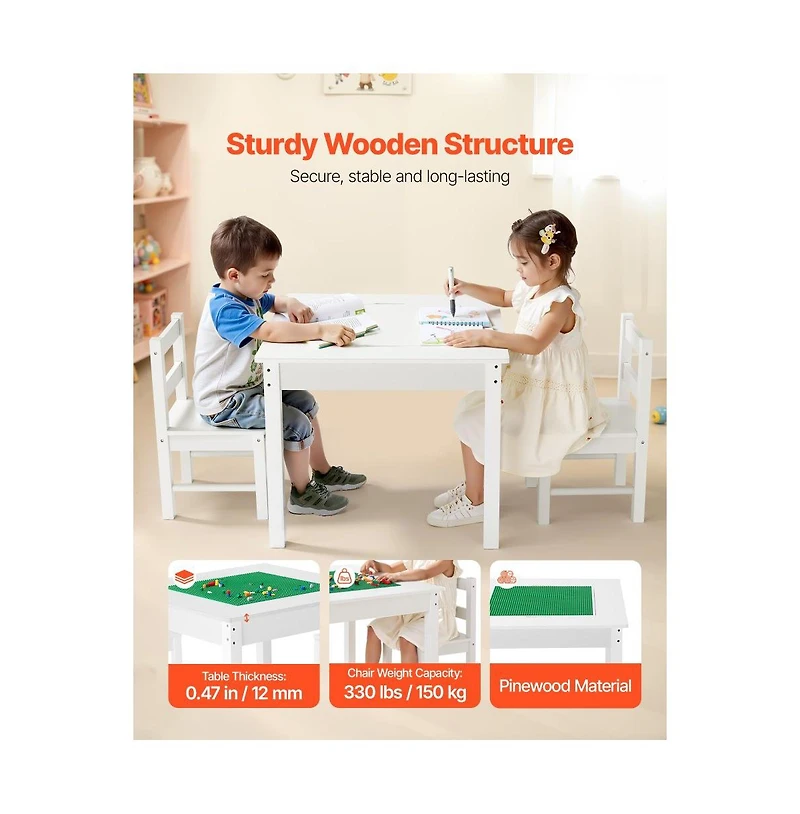 Slickblue Kids Play Table with 2 Chairs, Double-Sided Building Block Surface and Storage Space