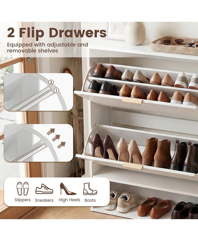 Gymax Shoe Cabinet w/2 Flip Drawers Open Storage and Adjustable Shelves for Entrance