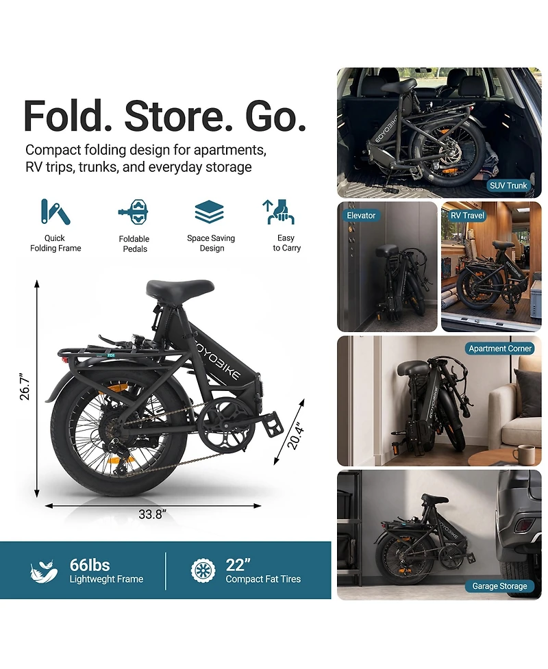 Mooncool Adults Foldable Electric Bike 20" x 3.0" Fat Tires, 7-Speed Commuter E Bike, 1200W Peak Motor Ebike