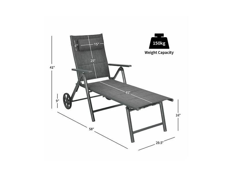 Lucky One Patio Reclining Chaise Lounge with Adjustable Backrest and Pillow