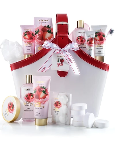 Lovery 25 Piece Body Care Gift Set, Strawberry Milk Home Spa Tote Bag Gift