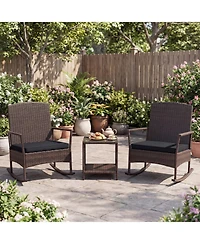 Gymax 3 Piece Patio Rocking Bistro Set 2 Rattan Armchairs with 2-Tier Tempered Glass Side Table
