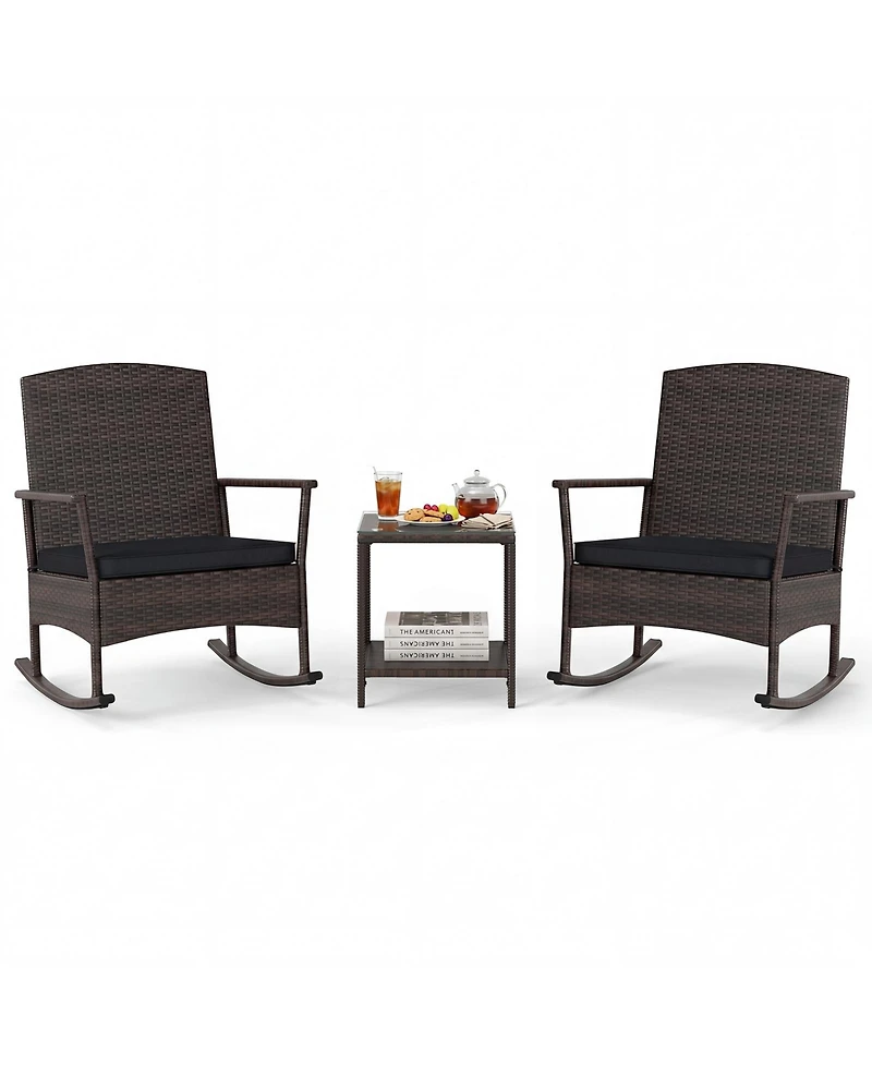 Gymax 3 Piece Patio Rocking Bistro Set 2 Rattan Armchairs with 2-Tier Tempered Glass Side Table