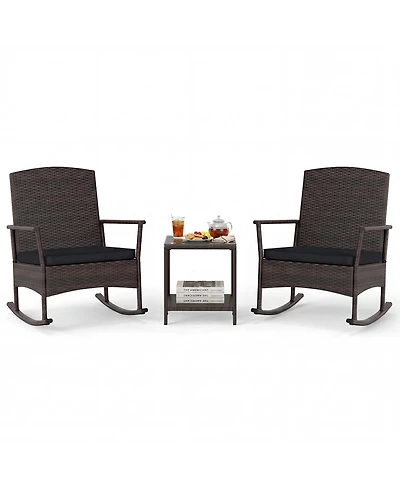 Gymax 3 Piece Patio Rocking Bistro Set 2 Rattan Armchairs with 2-Tier Tempered Glass Side Table