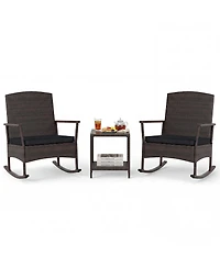 Gymax 3 Piece Patio Rocking Bistro Set 2 Rattan Armchairs with 2-Tier Tempered Glass Side Table