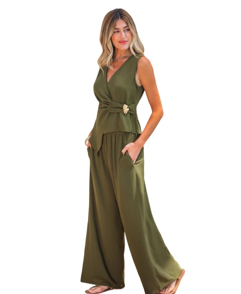 Cupshe Women's Olive Green Sleeveless Wrap Waist Two-Piece Matching Set