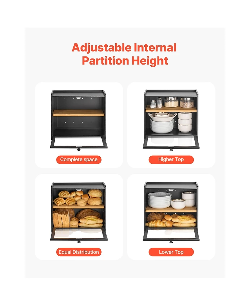 Sugift Double Layer Bamboo Bread Box with Acrylic Wave Door and Adjustable Middle Shelf