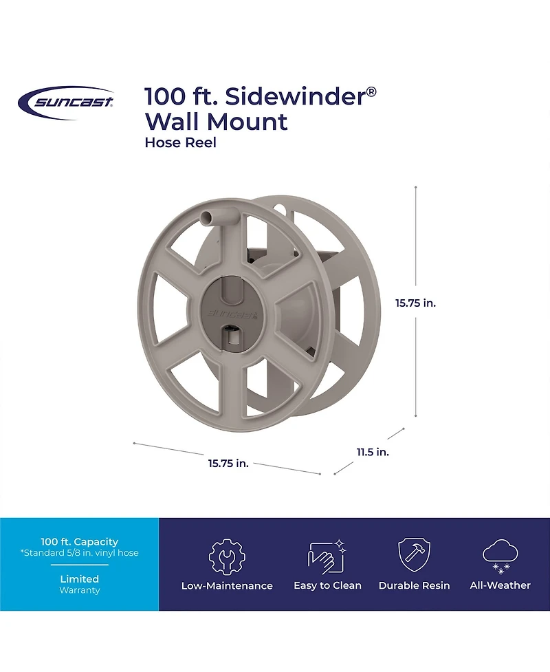 Suncast Sidewinder 100 Foot Wall Mount Garden Yard Outdoor Hose Reel, Taupe