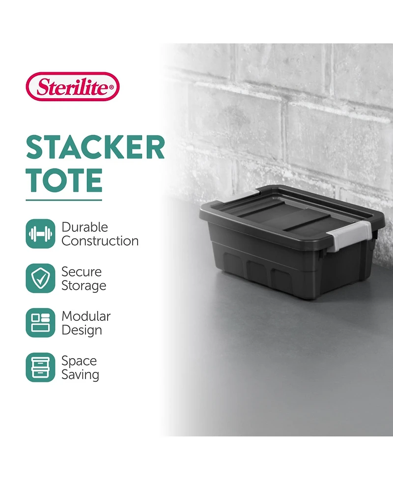 Sterilite 4 Gallon Industrial Storage Totes with Latch Clip Lids, 6 Pack, Black