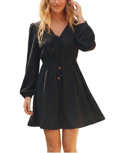 Cupshe Women's Boho Lace Trim Long Sleeve Tie V-Neck Mini Dress