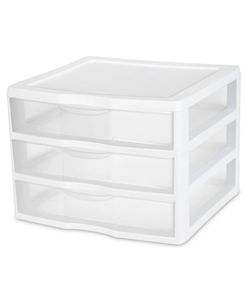 Sterilite Clear Plastic Stackable Small 3 Drawer Storage System, White, (9 Pack)