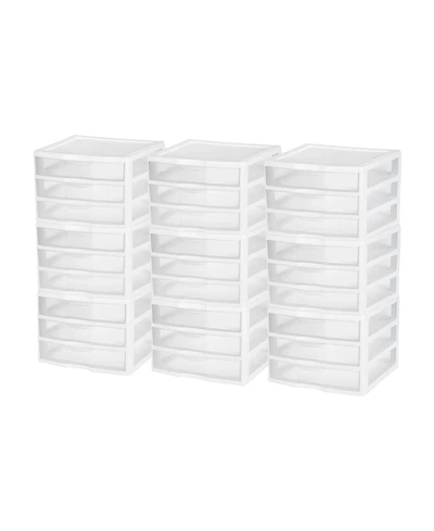 Sterilite Clear Plastic Stackable Small 3 Drawer Storage System, White, (9 Pack)