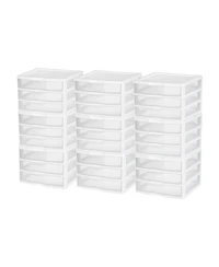Sterilite Clear Plastic Stackable Small 3 Drawer Storage System, White, (9 Pack)