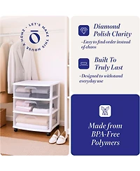 Homz Plastic 3 Clear Drawer Small Rolling Storage Container Tower, White, 2 Pack