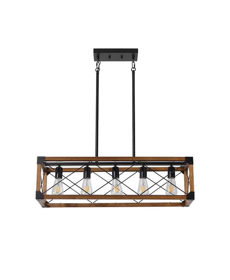 Clihome 32" Walnut Industrial Farmhouse Rectangle Pendant Light, 5-Light Chandelier