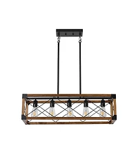 Clihome 32" Walnut Industrial Farmhouse Rectangle Pendant Light, 5-Light Chandelier