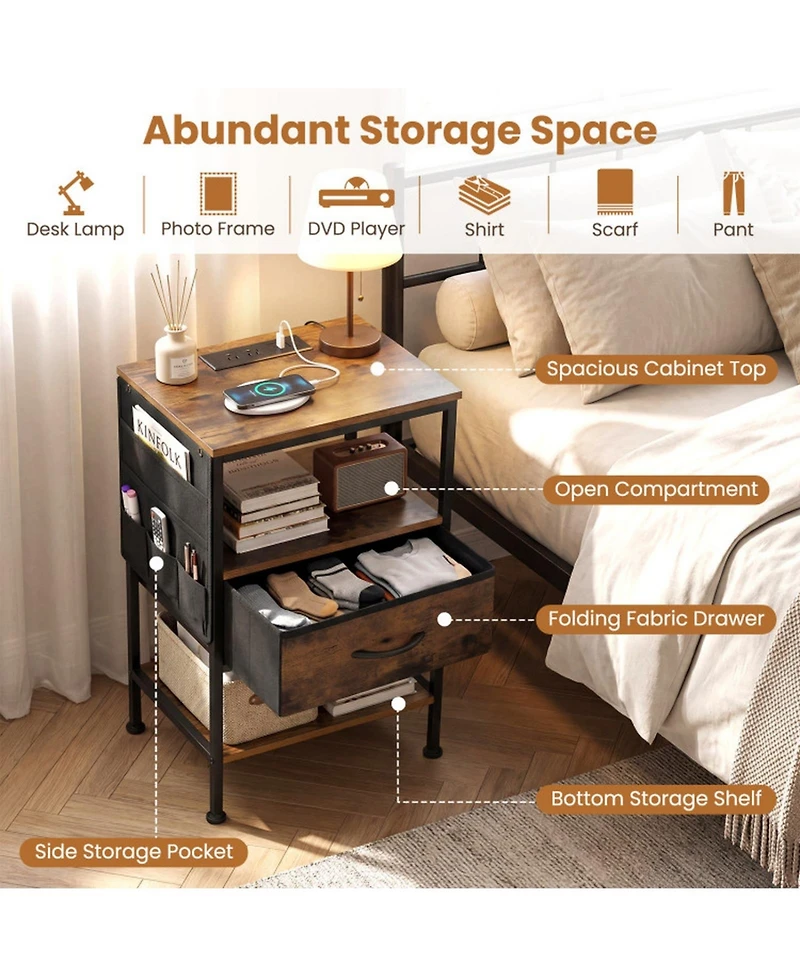 Sugift Nightstand with Charging Station 24.5 Inch Bedside Table Featuring Fabric Drawer and Side Pocket