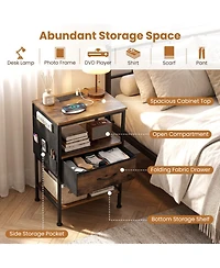 Sugift Nightstand with Charging Station 24.5 Inch Bedside Table Featuring Fabric Drawer and Side Pocket