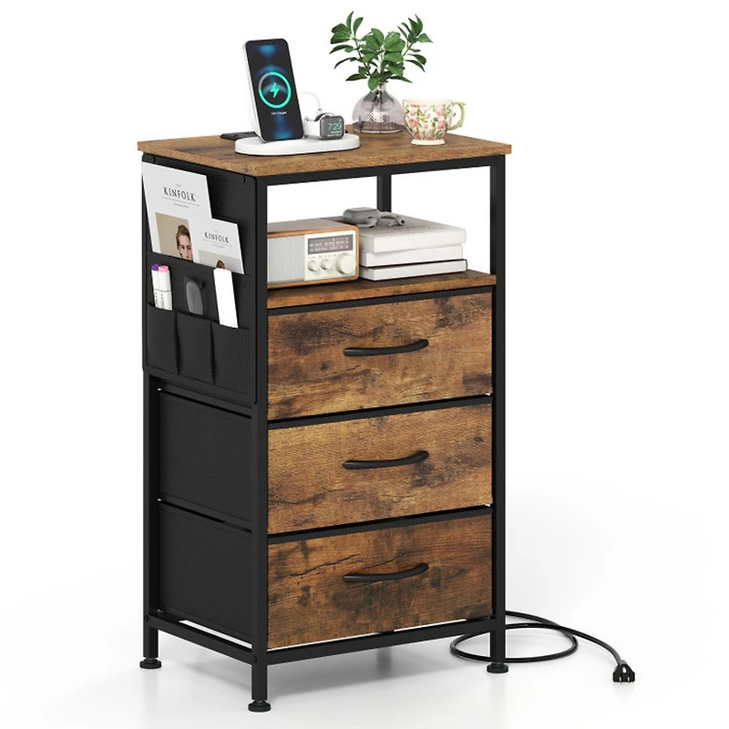 Sugift 27.5 Inch Nightstand with Charging Station 3 Fabric Drawers and Open Compartment Bedside Tower