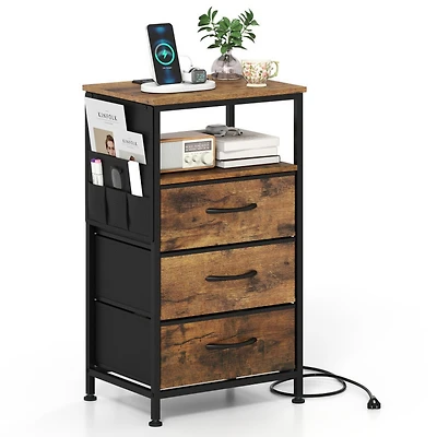 Sugift 27.5 Inch Nightstand with Charging Station 3 Fabric Drawers and Open Compartment Bedside Tower