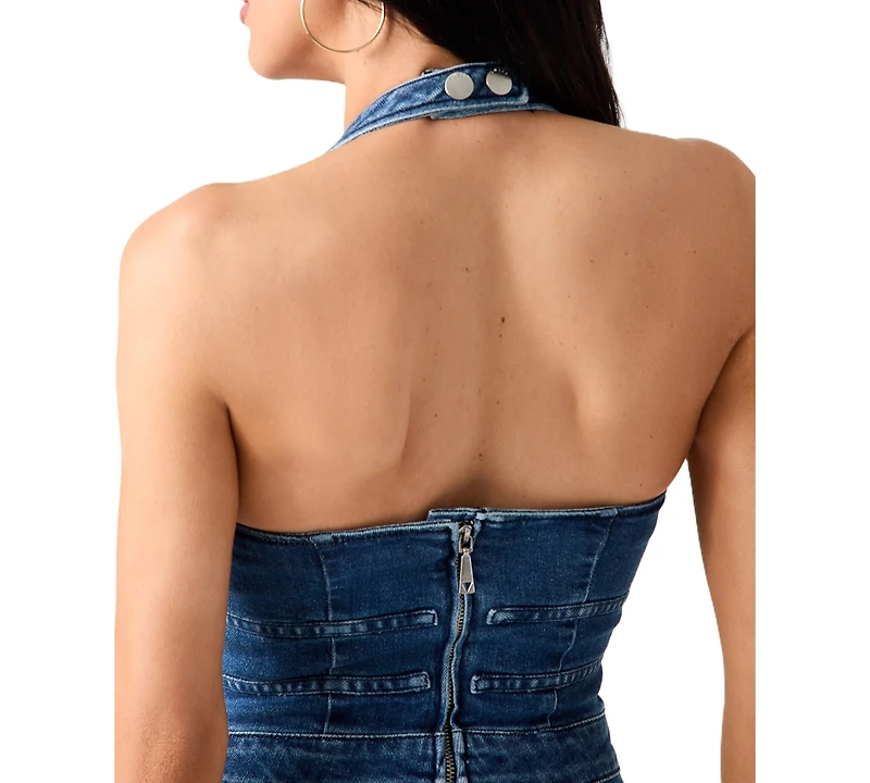 Guess Women's Val Halter V-Neck Wide-Leg Denim Jumpsuit