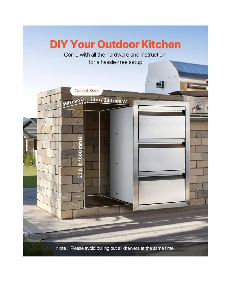 Sugift 3-Tier Stainless Steel Bbq Drawers 15in W x 25.4in H x 19in D Flush Mount Box Frame