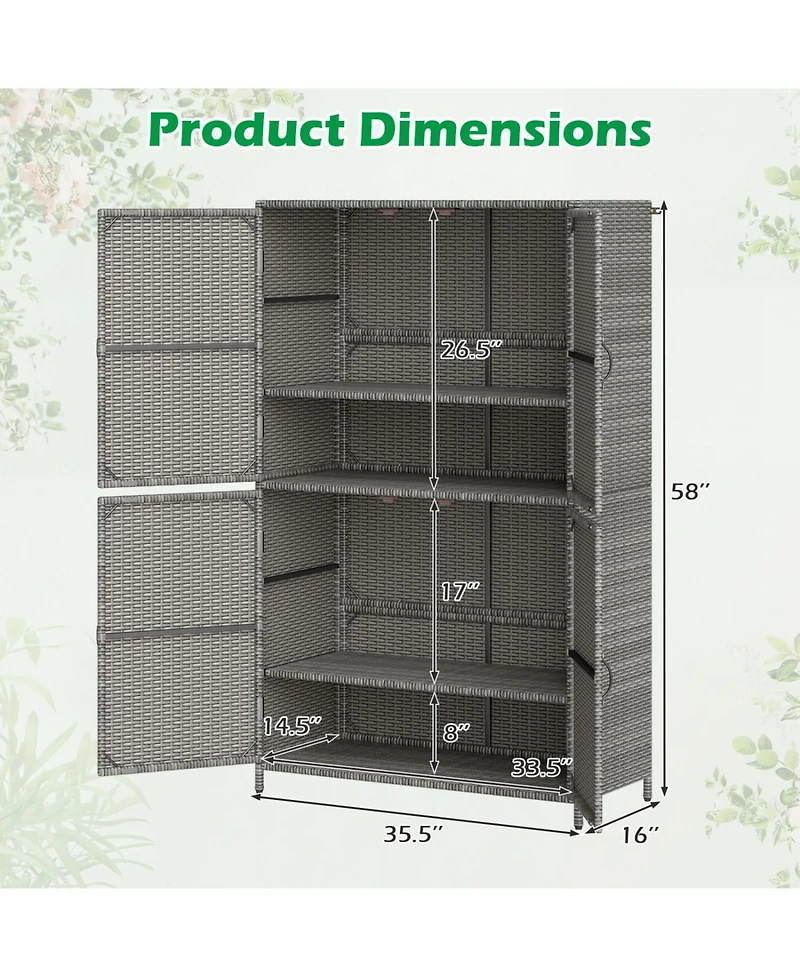 Mecale 4-Door Wicker Storage Cabinet, 58 in Vertical Shed with Shelves