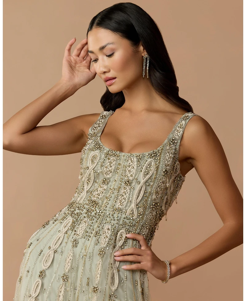 Mac Duggal Petite Embellished Scoop Neck Mesh Midi Dress