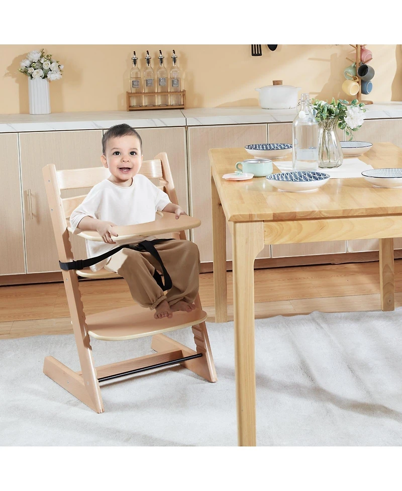 Slickblue Kids Grow With Wooden High Chair, Portable Feeding Seat with Adjustable Height and Footrest-Light Brown