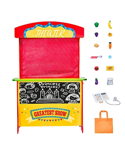 Yobtop Two-in-One Reversible Puppet Theater and Market Stand with Working Scanner and Card Reader, 35-Piece Accessory Set, Ages 3+