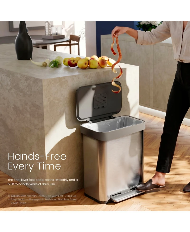 Home Zone Living 13 Gallon Stainless Steel Kitchen Trash Can with Soft-Close Step Pedal Lid