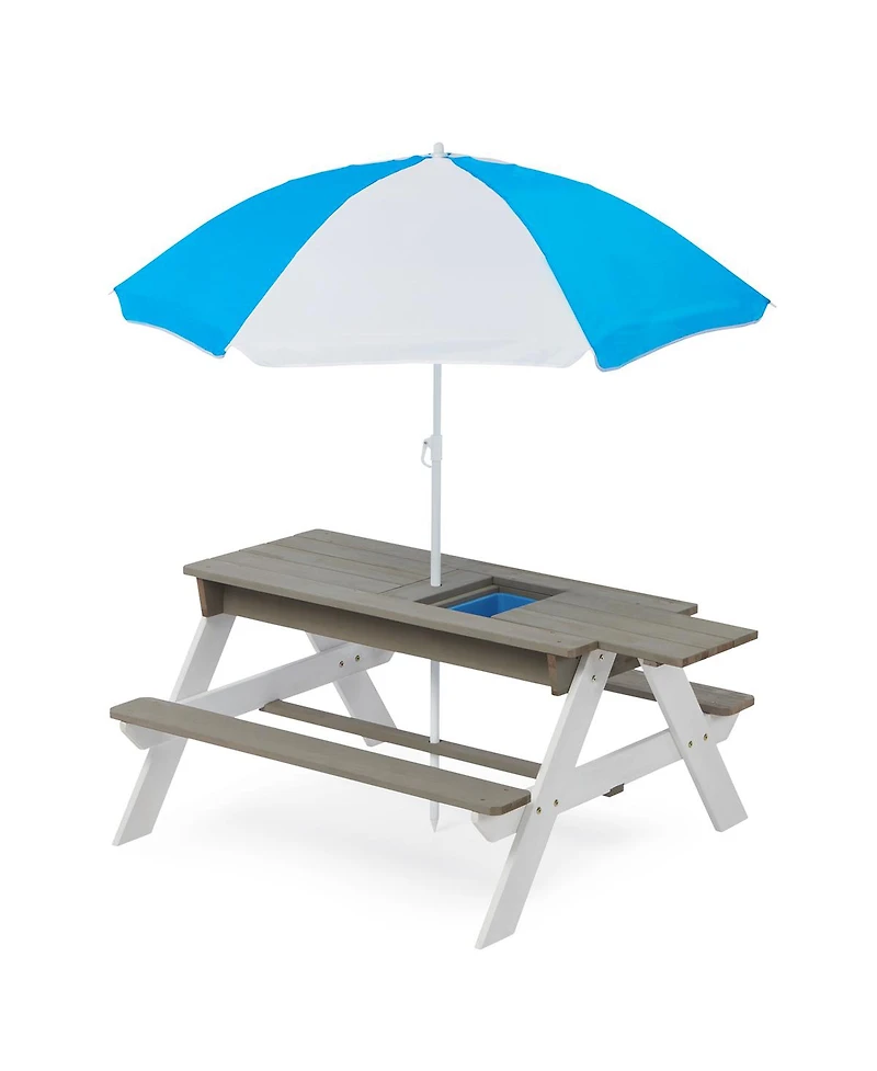 Yobtop Wooden 3-in-1 Sand and Water Picnic Table with Umbrella, Seats 4, Ages 3-8