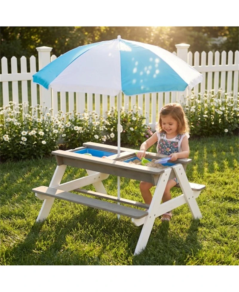 Yobtop Wooden 3-in-1 Sand and Water Picnic Table with Umbrella, Seats 4, Ages 3-8