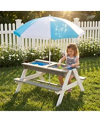 Yobtop Wooden 3-in-1 Sand and Water Picnic Table with Umbrella, Seats 4, Ages 3-8