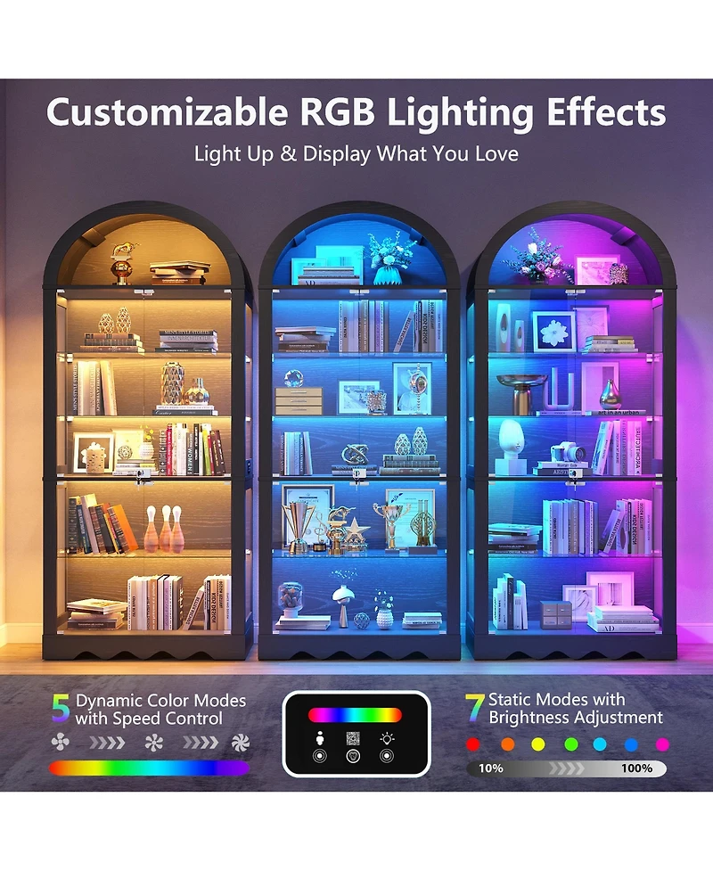 Vlsrka 6-Tier Glass Display Cabinet With Rgb Sensor Lights And Lock
