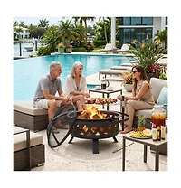 Aoxun 30in Outdoor Fire Pit With Grill, Steel Fire Bowl for Bbq Camping Picnic, Garden Patio Heater Charcoal Log Wood Burner