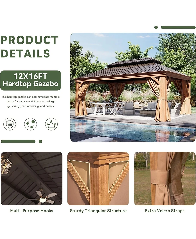 Aoxun 12'x16' Hardtop Gazebo, Wooden Finish Aluminum Pavilion with Double Steel Roof, Curtains and Netting