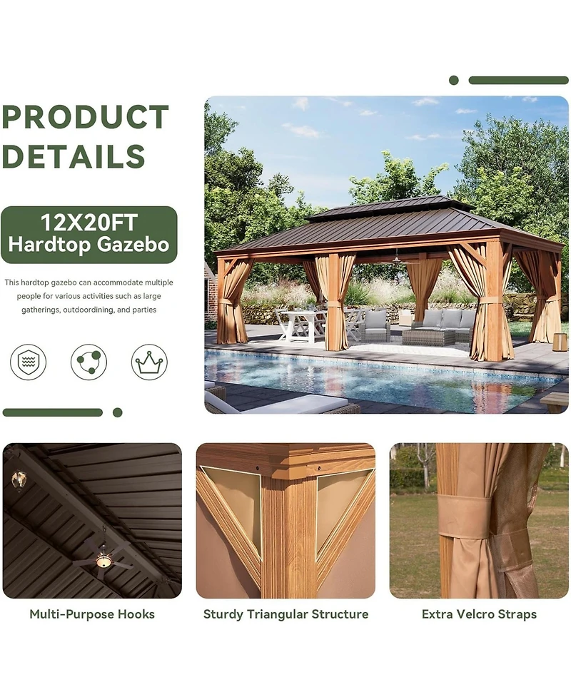 Aoxun 12'x20' Hardtop Aluminum Gazebo, Galvanized Steel Double Roof Pavilion with Drainage System and Netting