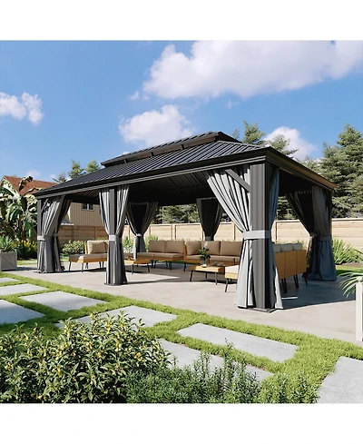 Aoxun Aluminum Hardtop Gazebo, Double Steel Roof Pavilion with Drainage System and Netting