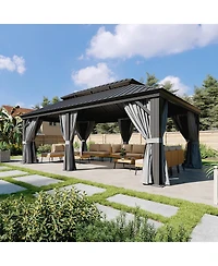 Aoxun Aluminum Hardtop Gazebo, Double Steel Roof Pavilion with Drainage System and Netting