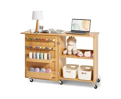 Yobtop Generic for Folding Sewing Machine Table - Multipurpose Compact Design with Wheels Shelves Storage Trays Wooden Pegs and Magnetic Doors