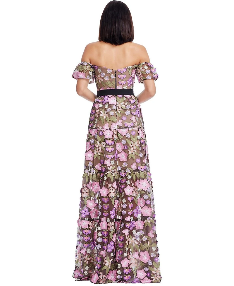 Dress The Population Women's Lara Off-the-Shoulder Sweetheart 3D Floral Embroidered Tiered Gown